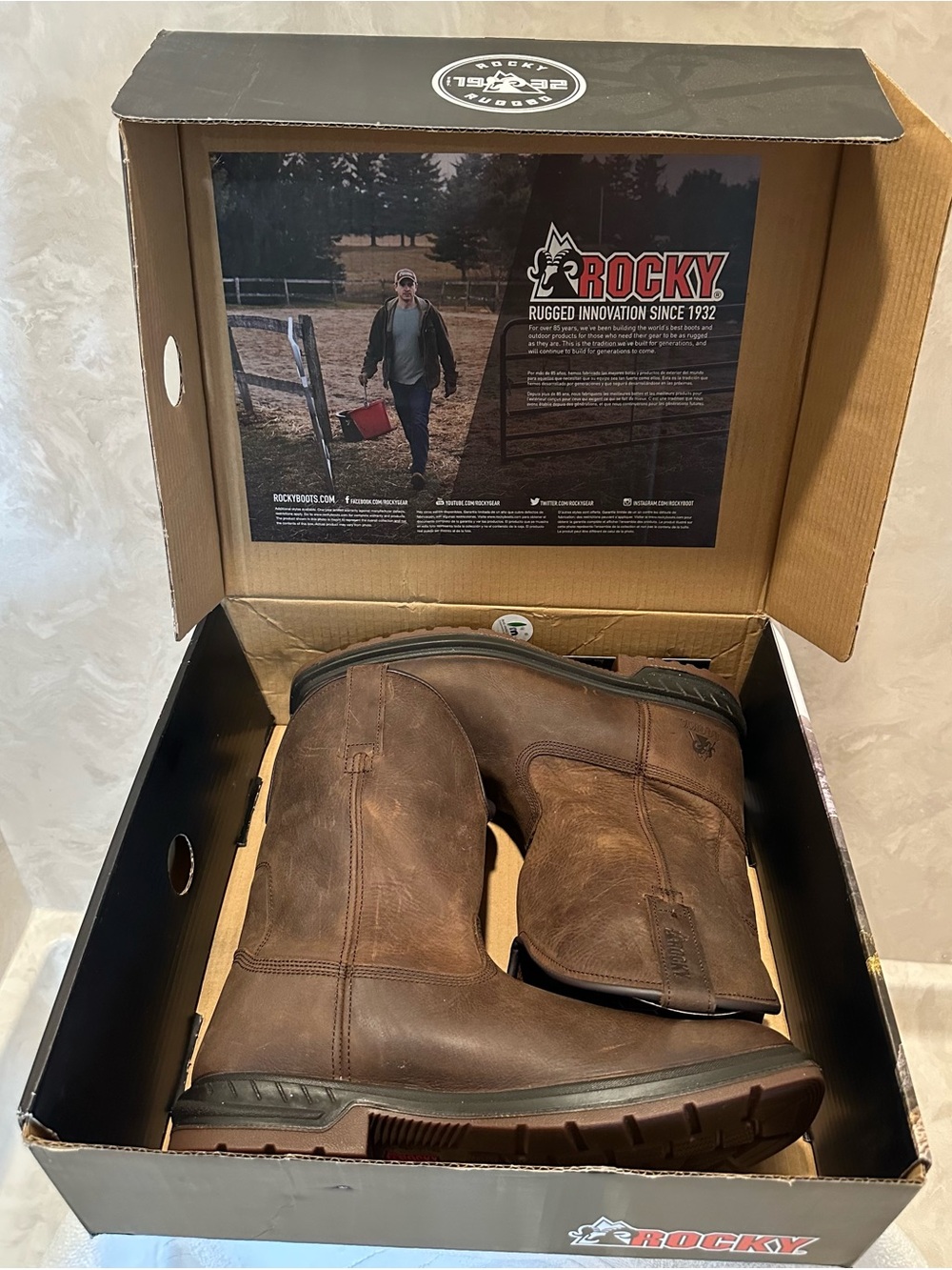 Rocky Brown Rugged Western Style Pull-On Work Boots Size 12